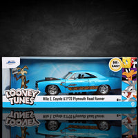 Go Figment Looney Tunes 1970 Plymouth Road Runner die-cast vehicle with Wile E. Coyote figure in blue packaging
