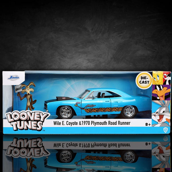 Go Figment Looney Tunes 1970 Plymouth Road Runner die-cast vehicle with Wile E. Coyote figure in blue packaging