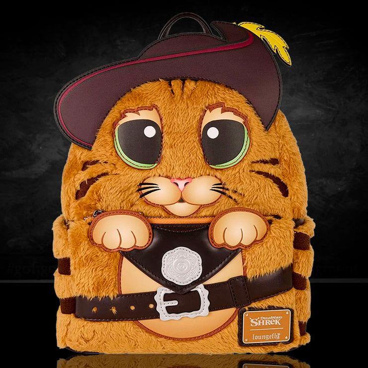 Loungefly Shrek Puss In Boots plush faux fur mini-backpack with detailed hat and belt design