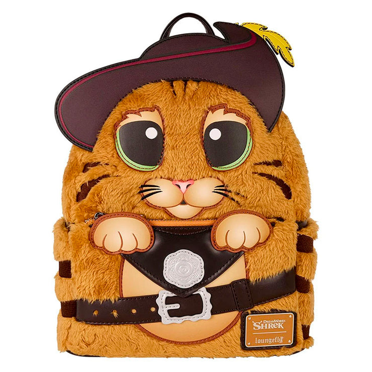 Loungefly Shrek Puss In Boots faux fur mini-backpack with detailed hat and belt design, playful collectible accessory