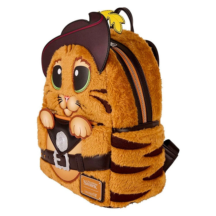 Loungefly fuzzy faux fur mini-backpack shaped like Shrek’s Puss In Boots with detailed hat and belt design