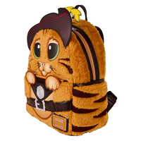 Loungefly fuzzy faux fur mini-backpack shaped like Shrek’s Puss In Boots with detailed hat and belt design
