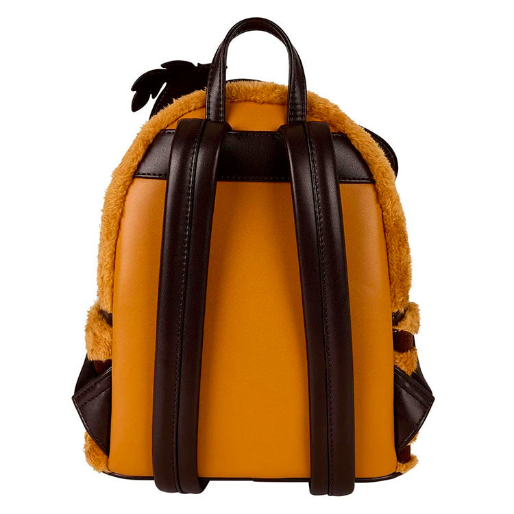 Back view of Loungefly Shrek Puss In Boots faux fur mini-backpack with adjustable brown straps and plush details