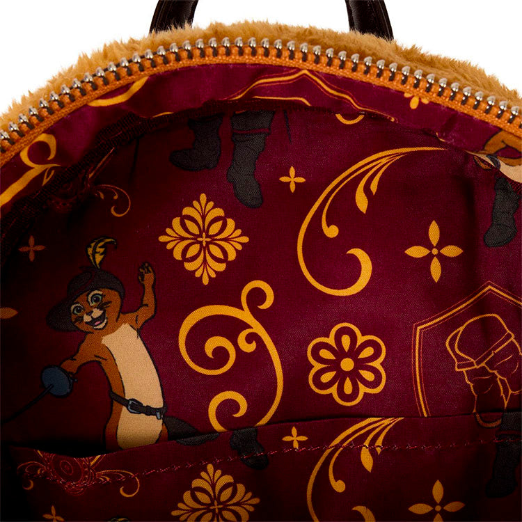Close-up of Loungefly Shrek Puss In Boots mini-backpack interior featuring character print and decorative lining