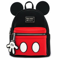 Loungefly Mickey Mouse Mini Backpack with black ears, red front pocket featuring white oval details and glove zipper charm