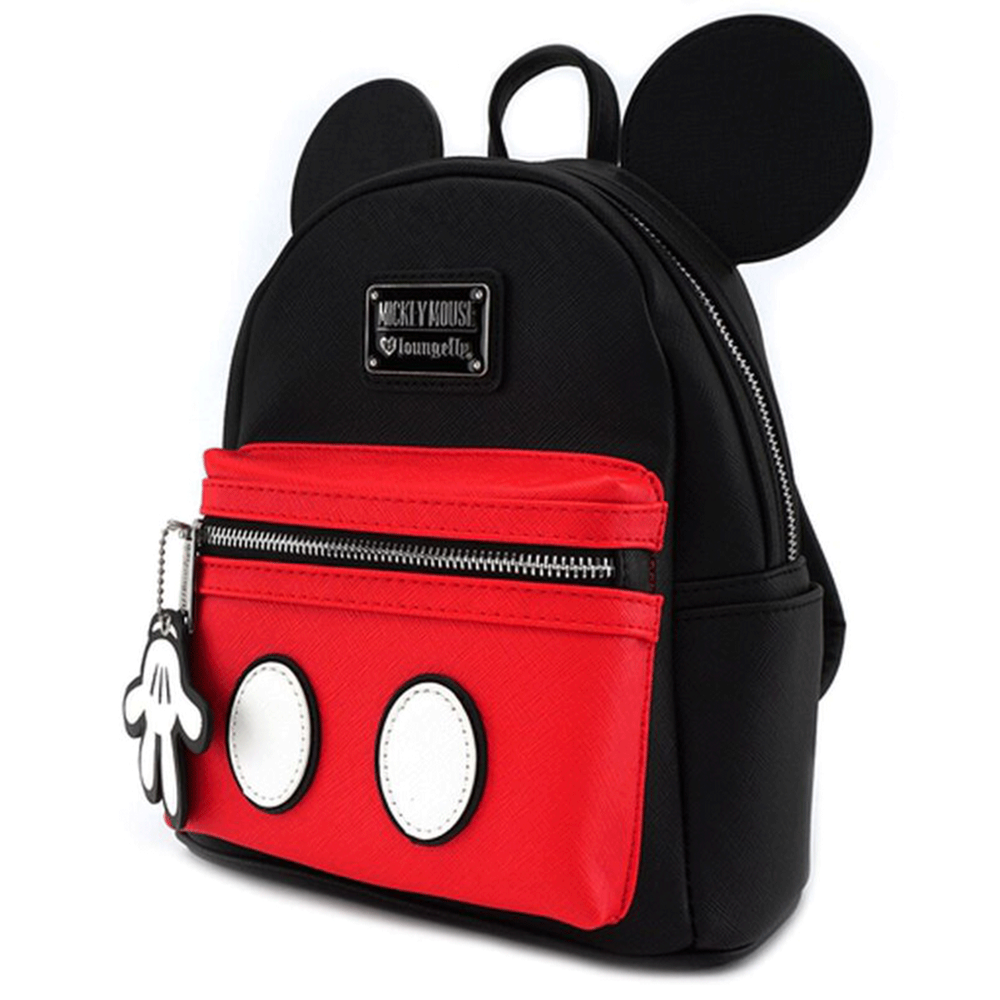 Loungefly mini backpack featuring Mickey Mouse ears, black body, red front pocket with white oval details and glove zipper pull