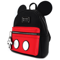 Loungefly mini backpack featuring Mickey Mouse ears, black body, red front pocket with white oval details and glove zipper pull