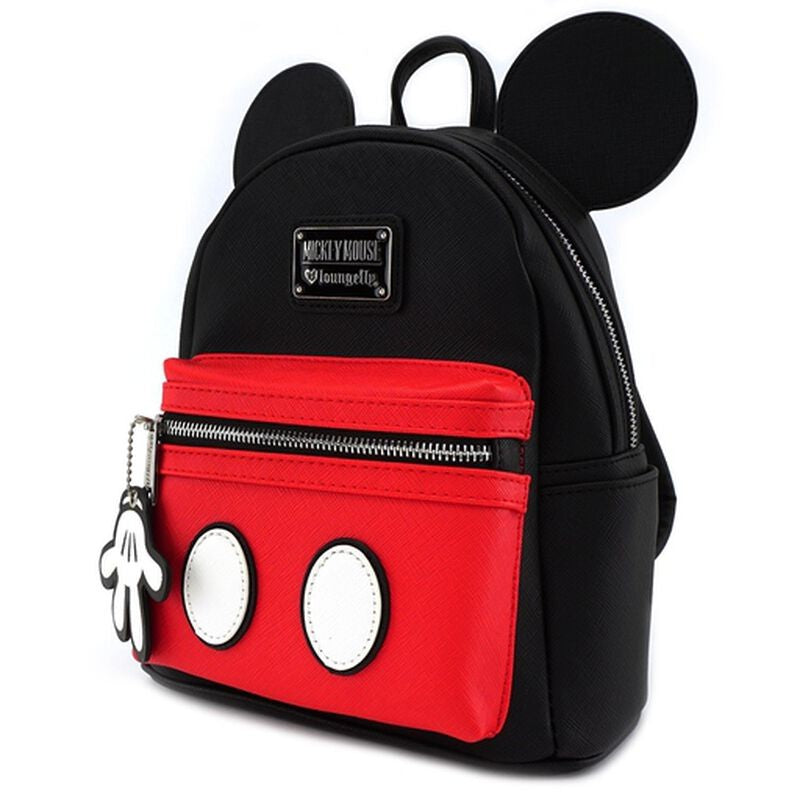 Loungefly mini backpack with Mickey ears, black body, red front pocket, white ovals, and glove zipper pull charm