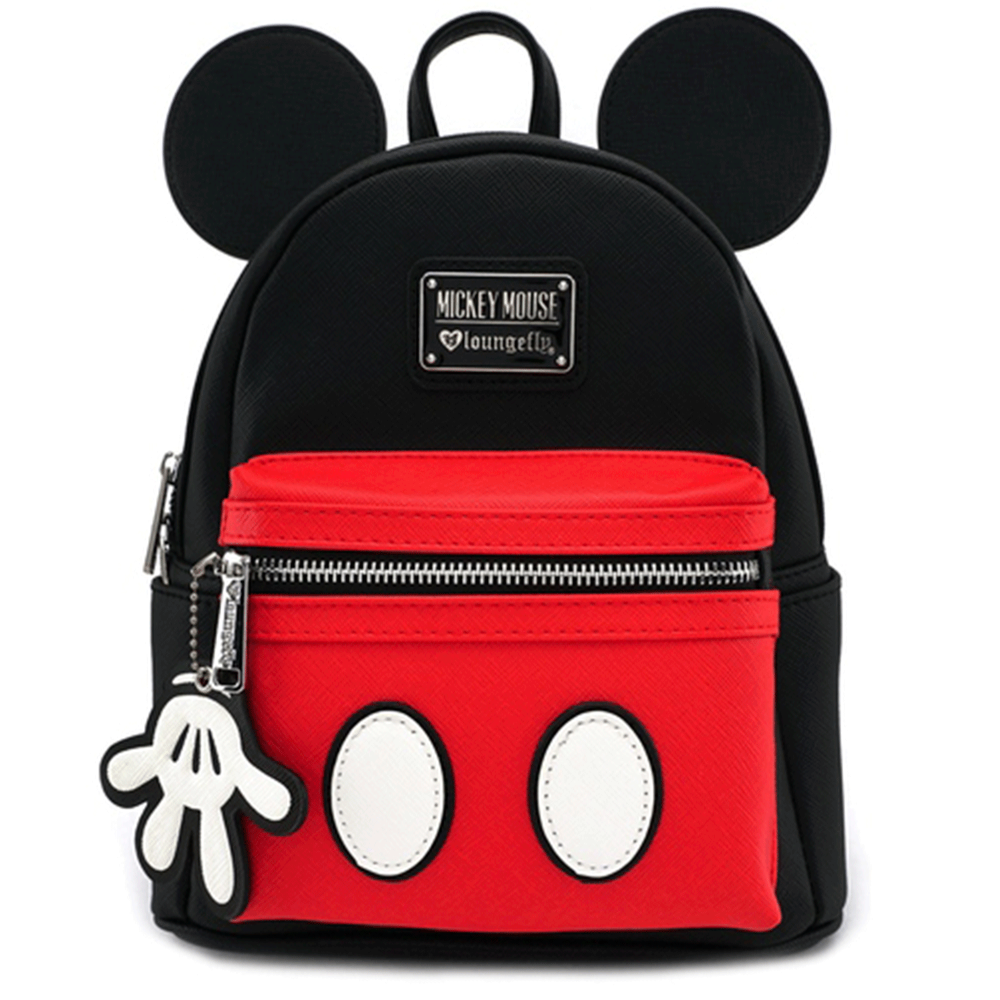 Loungefly mini backpack with Mickey Mouse ears, black body, red front pocket with white oval accents, and glove zipper pull