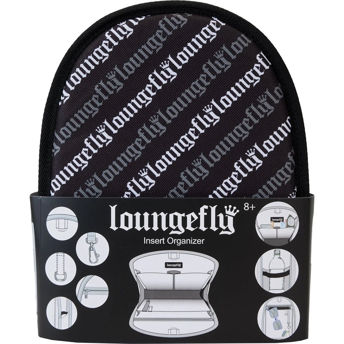 Loungefly mini-backpack insert organizer with repeating logo pattern and compact design for easy storage and organization