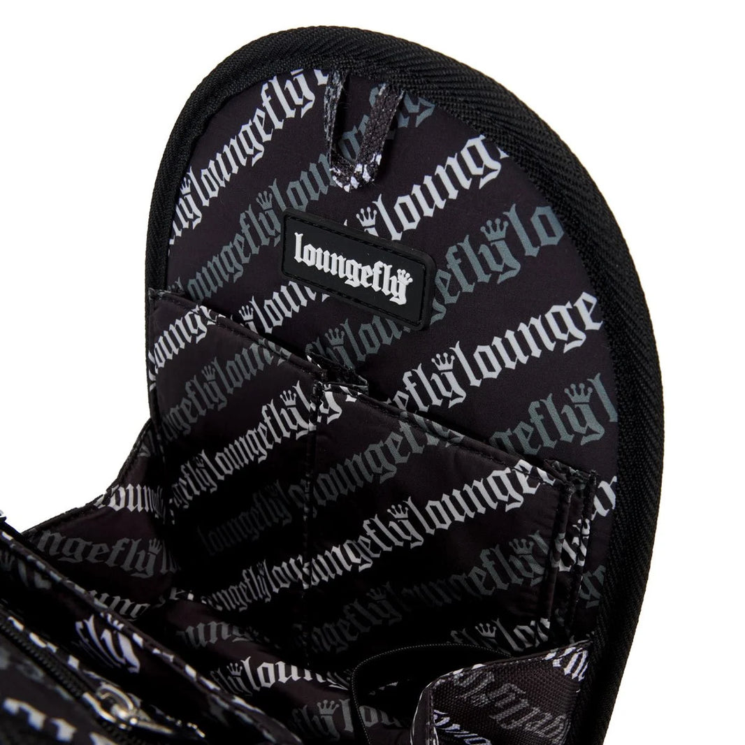 Inside view of black Loungefly mini-backpack insert organizer with repeating logo pattern and pockets