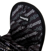 Inside view of black Loungefly mini-backpack insert organizer with repeating logo pattern and pockets