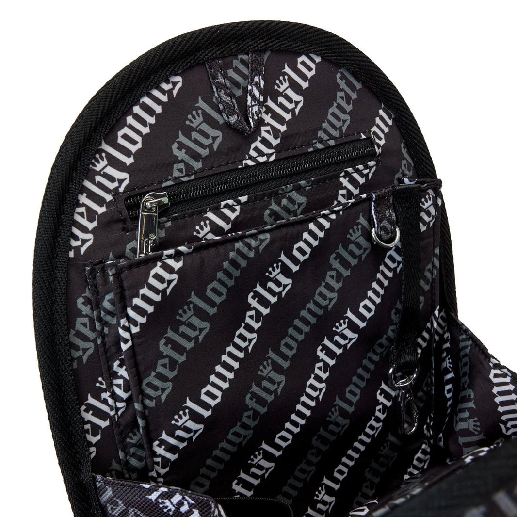 Close-up of Loungefly mini-backpack insert organizer interior with zippered and open pockets in black fabric design