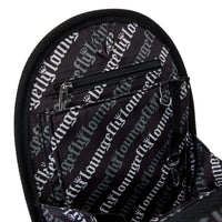 Close-up of Loungefly mini-backpack insert organizer interior with zippered and open pockets in black fabric design