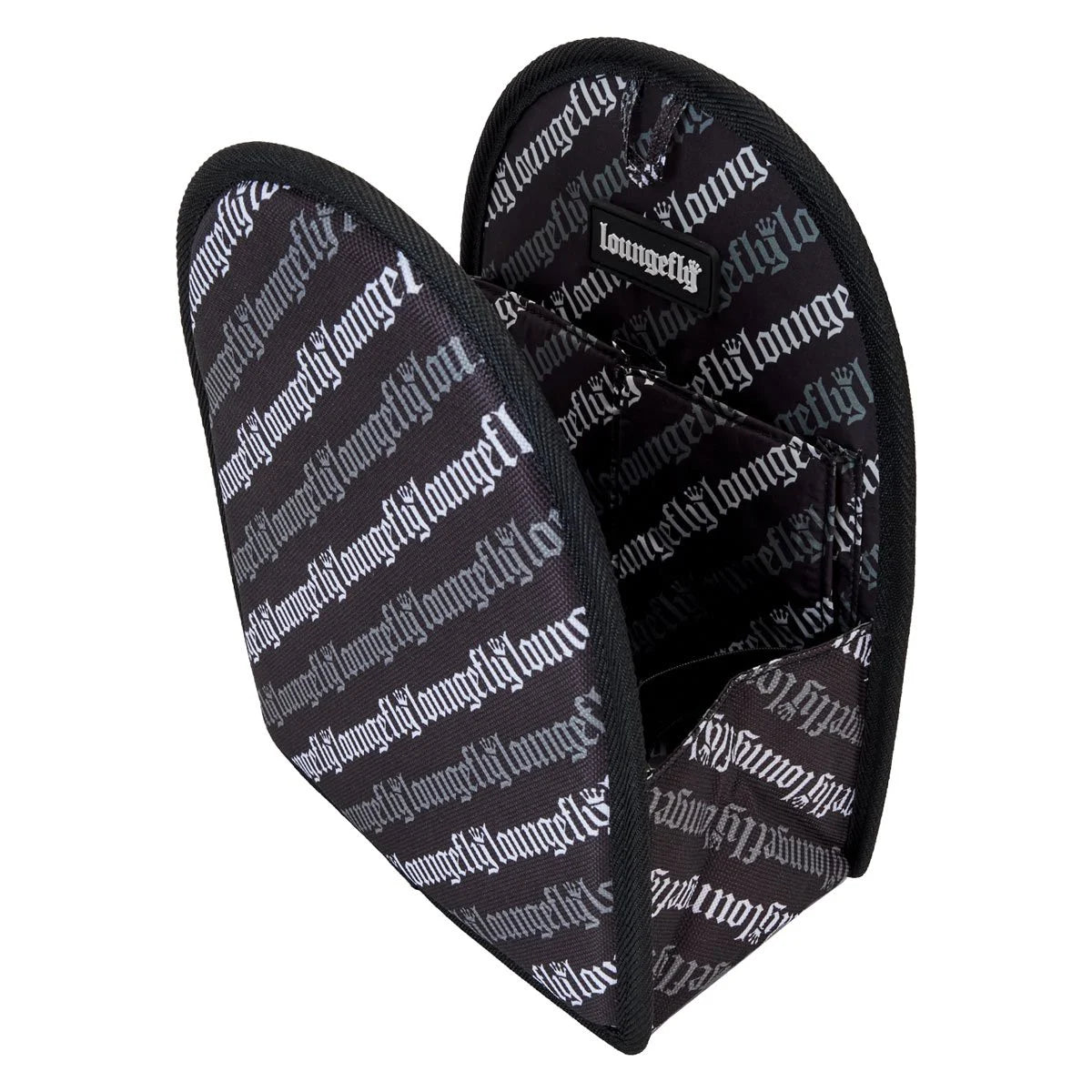 Loungefly mini-backpack insert organizer with repeating logo pattern and multiple compartments inside black fabric