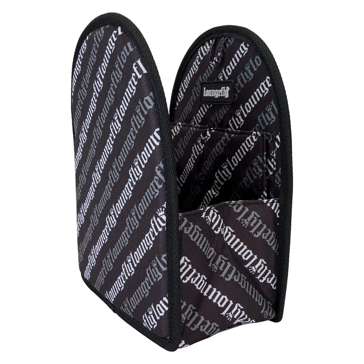 Open black Loungefly mini-backpack insert organizer with repeating logo and interior pockets