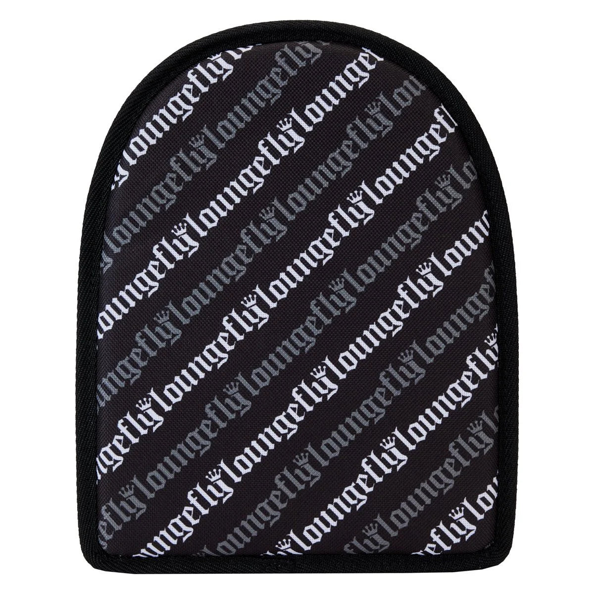 Black Loungefly mini-backpack insert with repeating white logo pattern and rounded edges for organization and storage