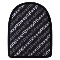 Black Loungefly mini-backpack insert with repeating white logo pattern and rounded edges for organization and storage
