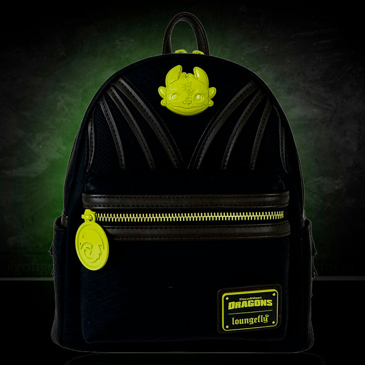 Loungefly How to Train Your Dragon Toothless-inspired black mini backpack with green accents and dragon details