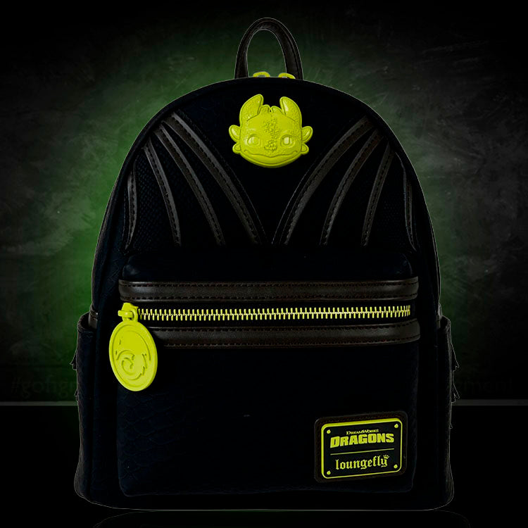 Loungefly How to Train Your Dragon Toothless-inspired black mini backpack with green accents and dragon details