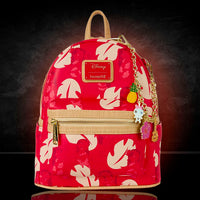 Loungefly red Lilo and Stitch mini backpack featuring Hawaiian shirt design and gold charm chain detailing