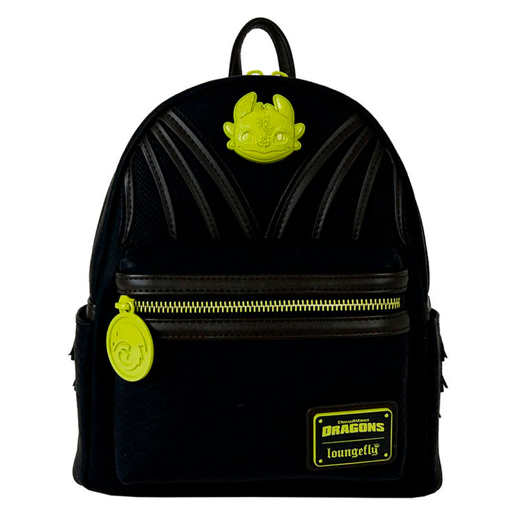 Loungefly mini-backpack inspired by How to Train Your Dragon featuring Toothless design and faux alligator leather details
