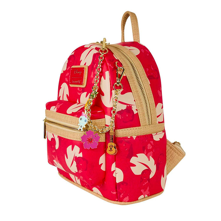 Loungefly mini backpack with red Hawaiian shirt pattern and golden chain featuring tropical enamel charms.