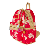 Loungefly mini backpack with red Hawaiian shirt pattern and golden chain featuring tropical enamel charms.