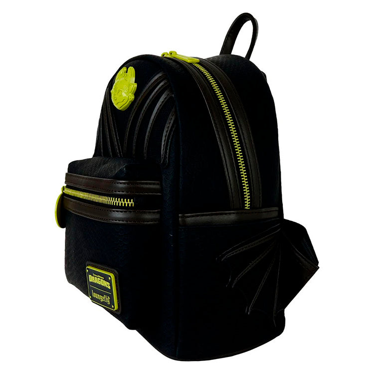 Loungefly black mini-backpack with yellow zipper and How to Train Your Dragon themed dragon charm and wing details