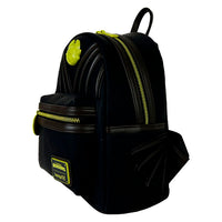 Loungefly black mini-backpack with yellow zipper and How to Train Your Dragon themed dragon charm and wing details