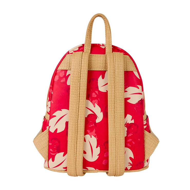 Back view of Loungefly Lilo and Stitch mini backpack with red Hawaiian shirt pattern and tan faux leather straps
