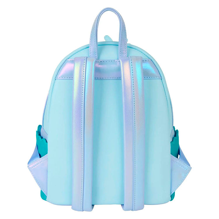 Back view of Loungefly mini-backpack with iridescent light blue straps and top handle against white background