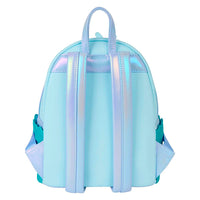 Back view of Loungefly mini-backpack with iridescent light blue straps and top handle against white background