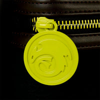 Loungefly How to Train Your Dragon Toothless mini backpack zipper pull with embossed dragon emblem in yellow-green color