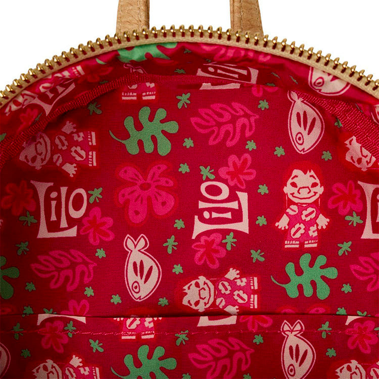Interior lining of Loungefly Lilo and Stitch mini backpack with red Hawaiian shirt pattern and character prints