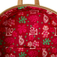 Interior lining of Loungefly Lilo and Stitch mini backpack with red Hawaiian shirt pattern and character prints