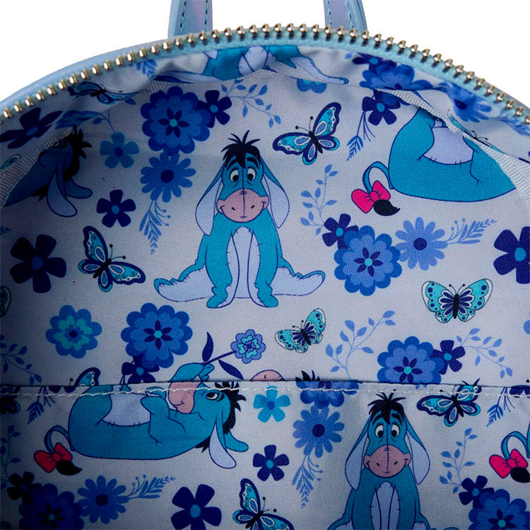 Loungefly Winnie the Pooh Eeyore and butterflies mini-backpack interior with blue floral and butterfly print
