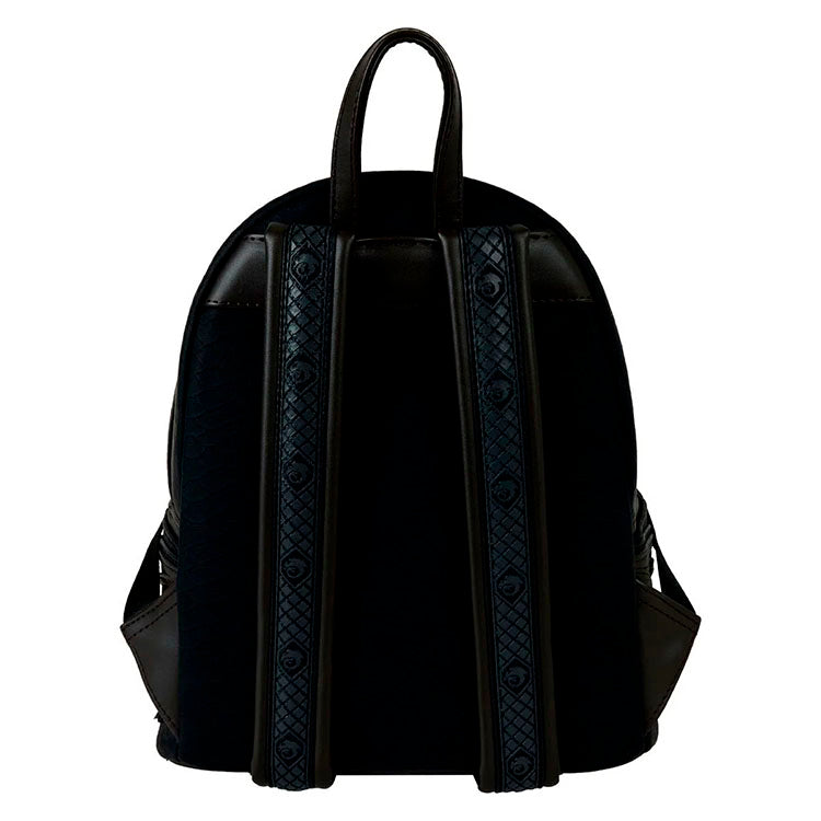 Back view of Loungefly How to Train Your Dragon Toothless Skin mini-backpack with adjustable straps and top handle