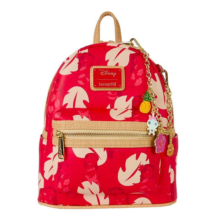 Loungefly mini backpack featuring Lilo and Stitch red Hawaiian shirt pattern with charm chain accents