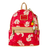 Loungefly mini backpack featuring Lilo and Stitch red Hawaiian shirt pattern with charm chain accents