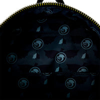 Close-up of the interior lining of the Loungefly How to Train Your Dragon Toothless mini-backpack showing dragon and wing patterns.