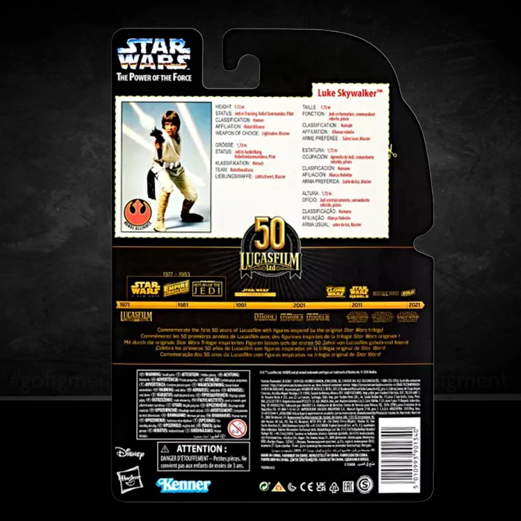 Back of Hasbro Star Wars Black Series Luke Skywalker 6 inch figure packaging with 50th Lucasfilm logo