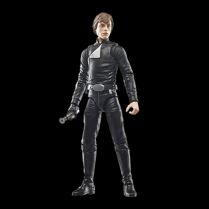 Luke Skywalker action figure in black Jedi outfit holding a lightsaber with detailed sculpting and articulation
