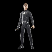 Luke Skywalker action figure in black Jedi outfit holding a lightsaber with detailed sculpting and articulation