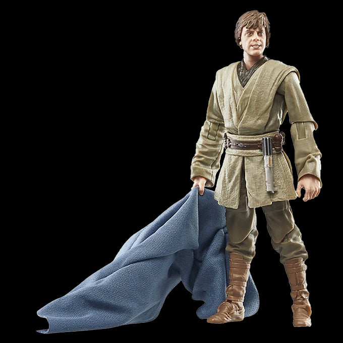 Luuke Skywalker Black Series 6-inch figure holding blue cloth with detailed Jedi outfit and boots on black background