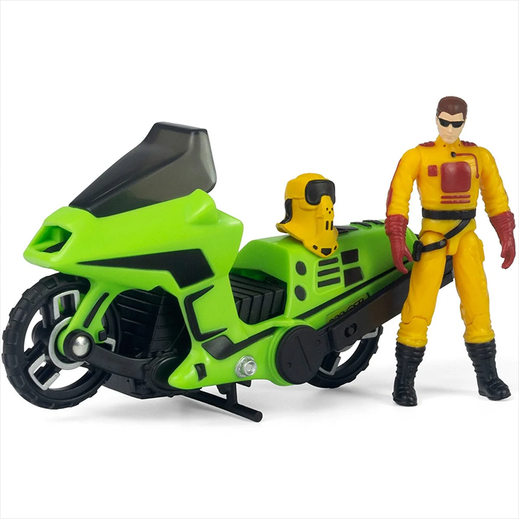 Loyal Subjects M.A.S.K. Condor green motorcycle with Brad Turner action figure and HOCUS POCUS mask accessories