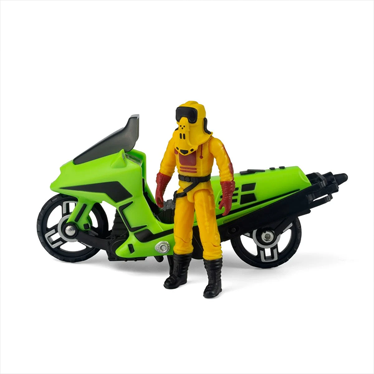 Green Condor motorcycle and yellow-suited Brad Turner action figure from Loyal Subjects M.A.S.K. playset.