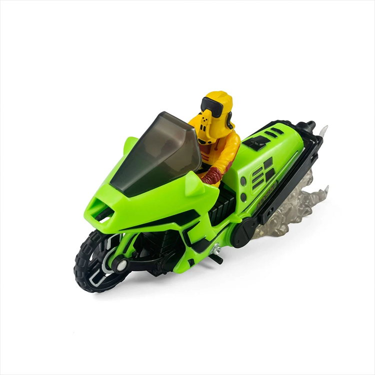 Loyal Subjects M.A.S.K. Condor green motorcycle with Brad Turner figure wearing yellow mask and smoke trail effect.