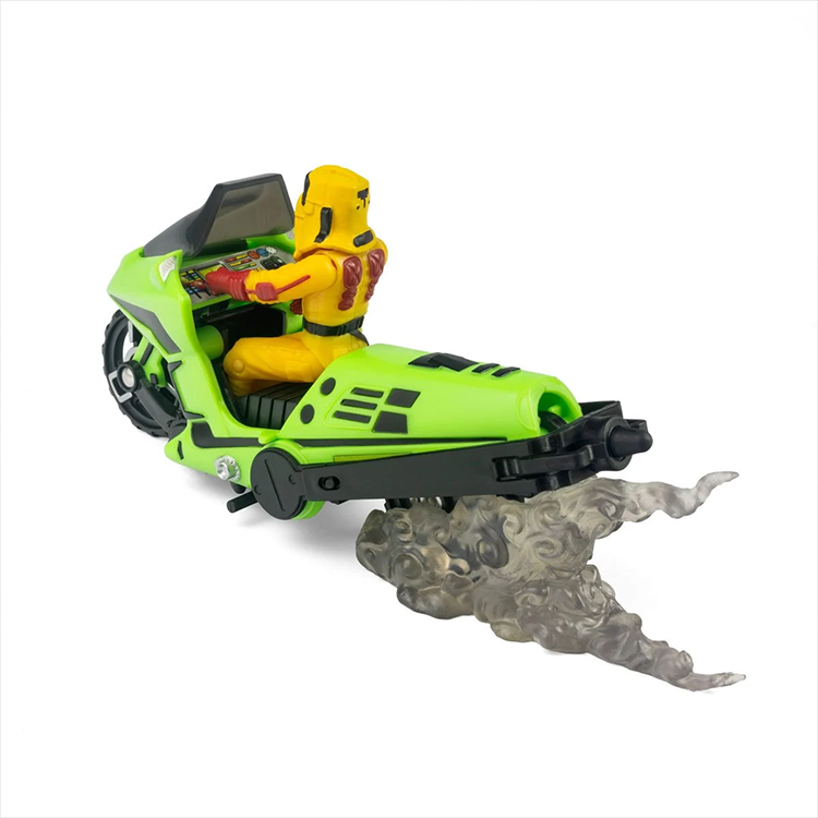Loyal Subjects M.A.S.K. Condor action figure in yellow suit riding green transforming motorcycle with smoke effect.