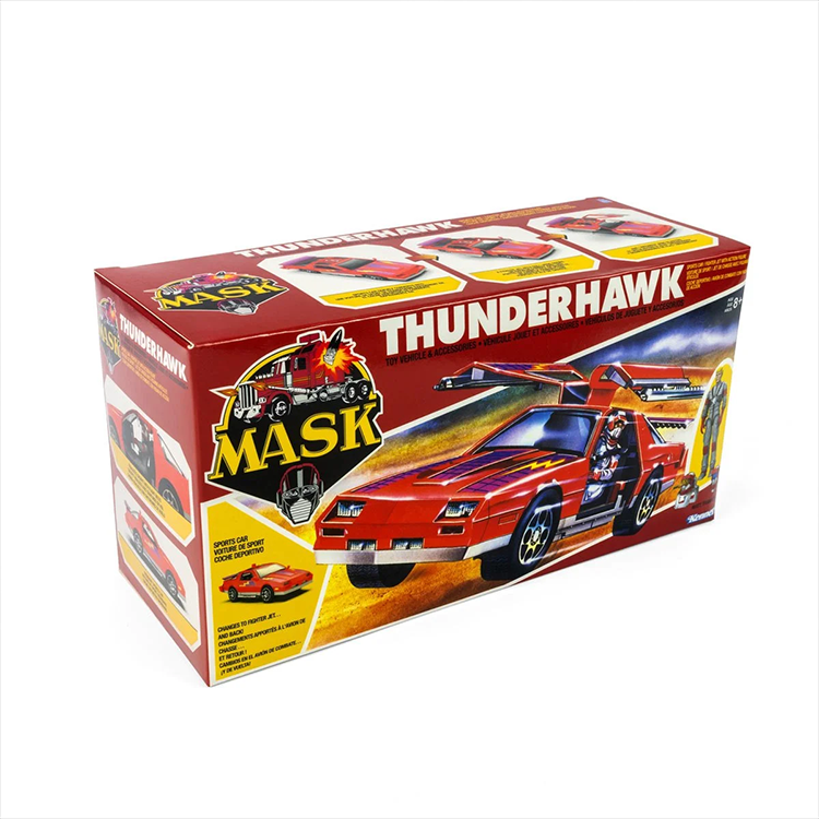 Retro-styled packaging of Loyal Subjects M.A.S.K. Thunderhawk vehicle that transforms from car to jet fighter with figure included